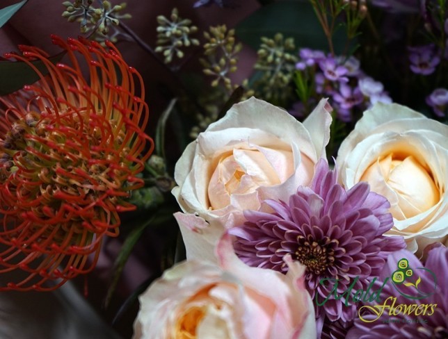 Bouquet with chrysanthemums and Leucospermum ''Karla'' photo